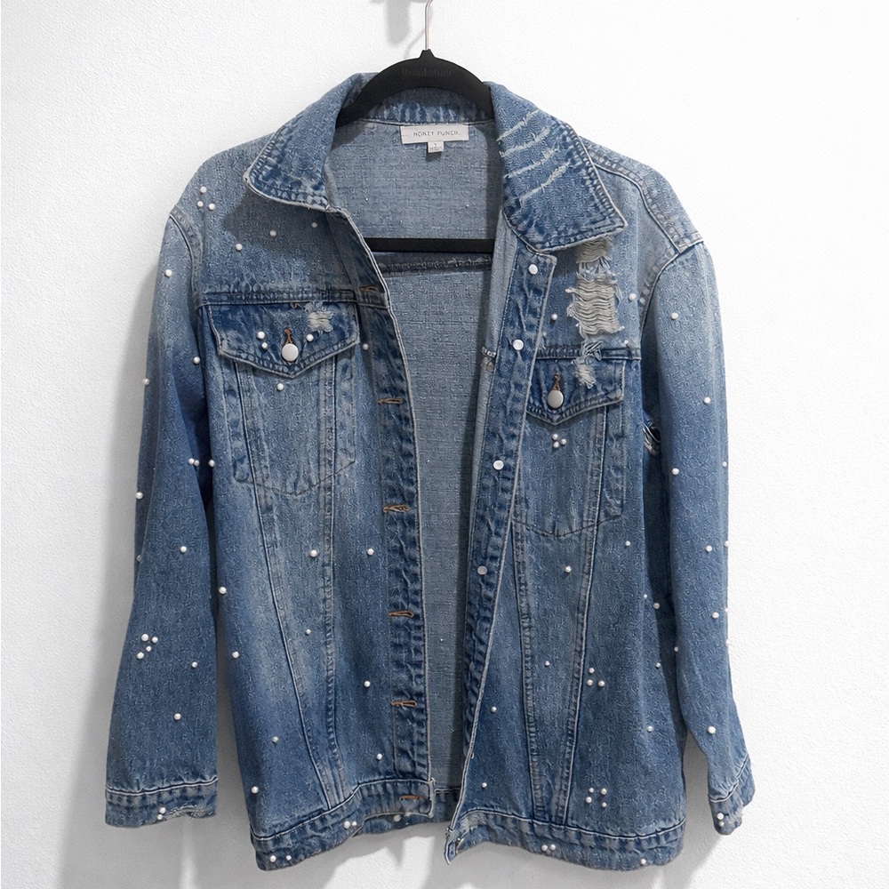 Oversized Pearl Embellished Denim Jacket